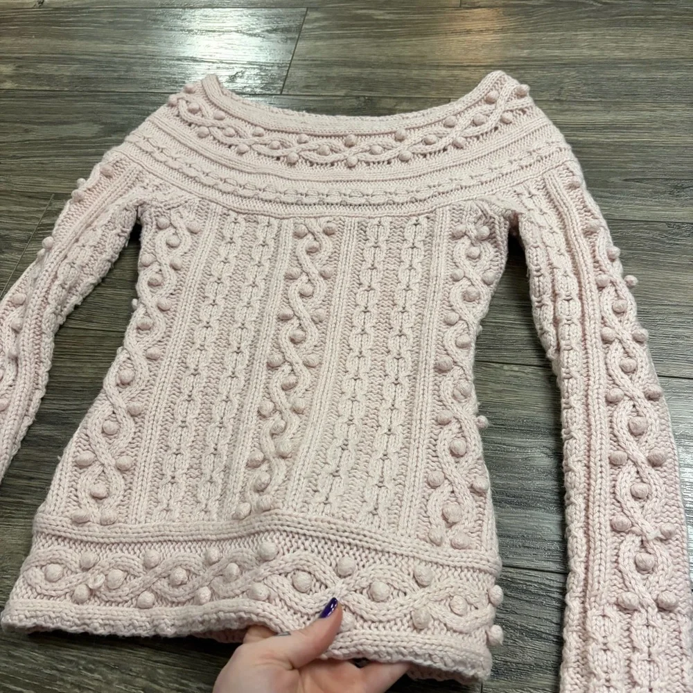 Y2K Vintage Moda International Wool Cable Knit Bobble Sweater (Ballet Pink) XS/S - Picture 5 of 7